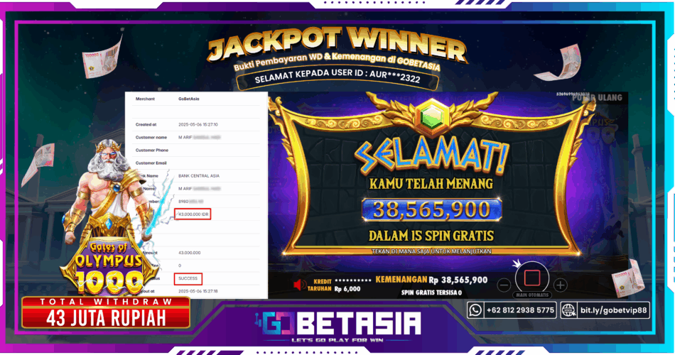 Bukti pembayaran Jackpot di GOBETASIA