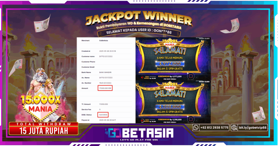 Bukti pembayaran Jackpot di GOBETASIA