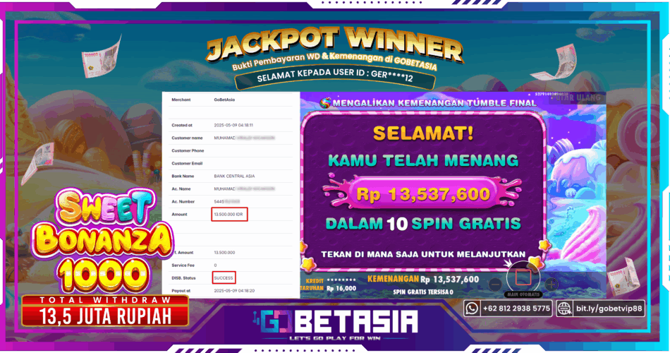 Bukti pembayaran Jackpot di GOBETASIA