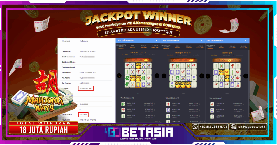 Bukti pembayaran Jackpot di GOBETASIA