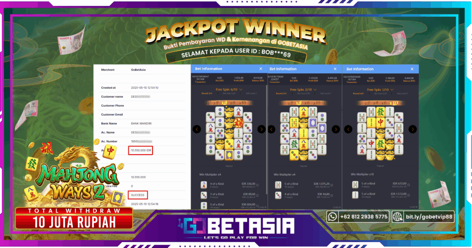 Bukti pembayaran Jackpot di GOBETASIA