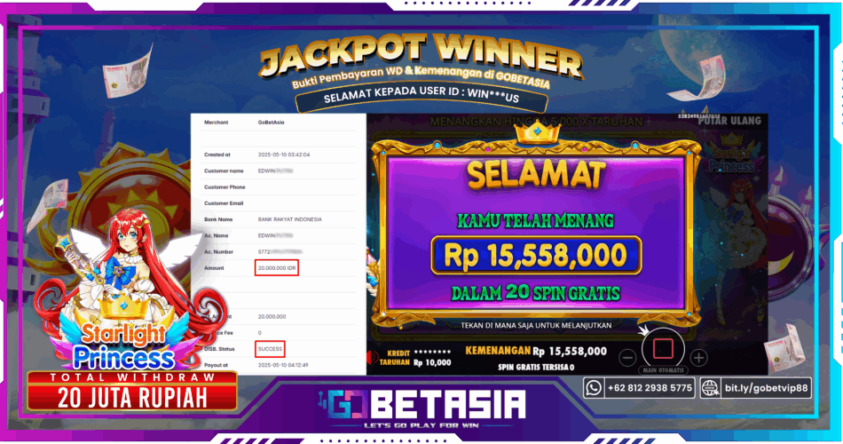 Bukti pembayaran Jackpot di GOBETASIA