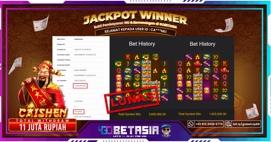 Bukti pembayaran Jackpot di GOBETASIA