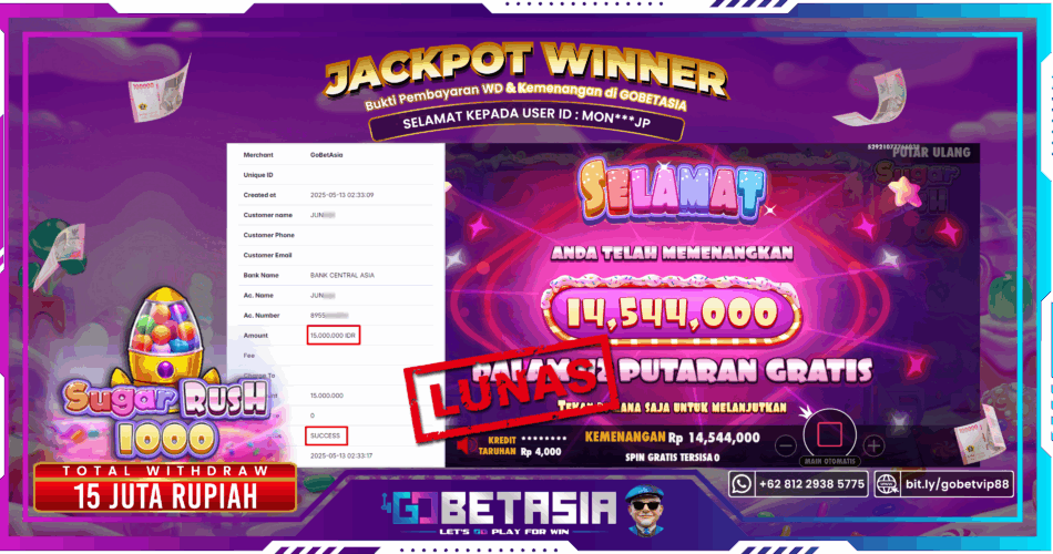 Bukti pembayaran Jackpot di GOBETASIA