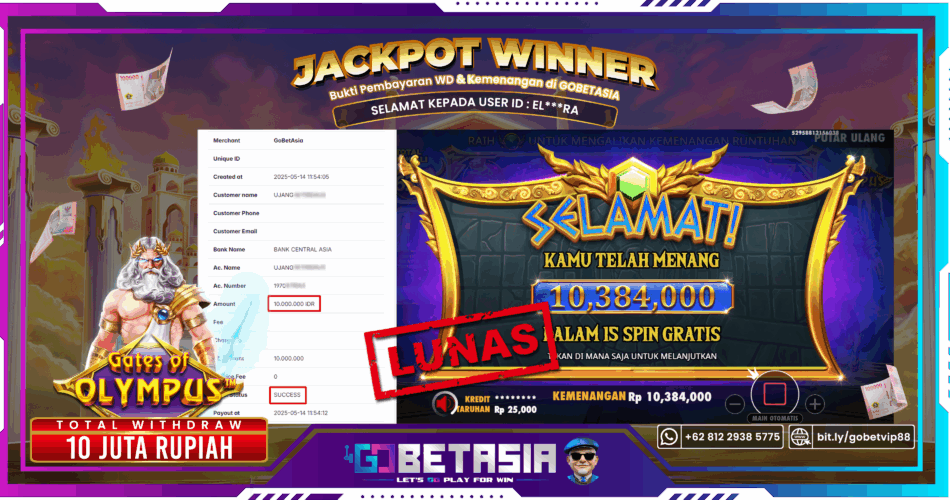 Bukti pembayaran Jackpot di GOBETASIA