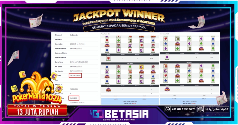 Bukti pembayaran Jackpot di GOBETASIA