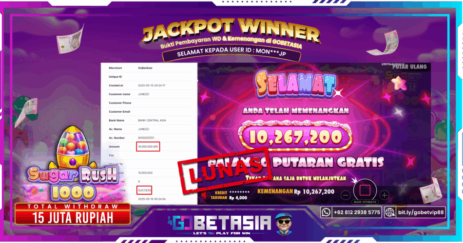 Bukti pembayaran Jackpot di GOBETASIA
