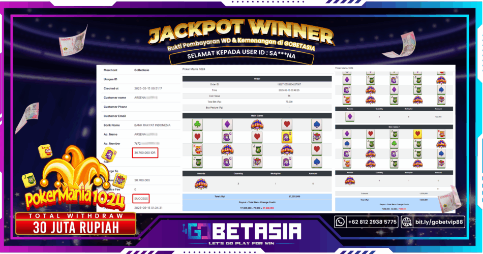 Bukti pembayaran Jackpot di GOBETASIA