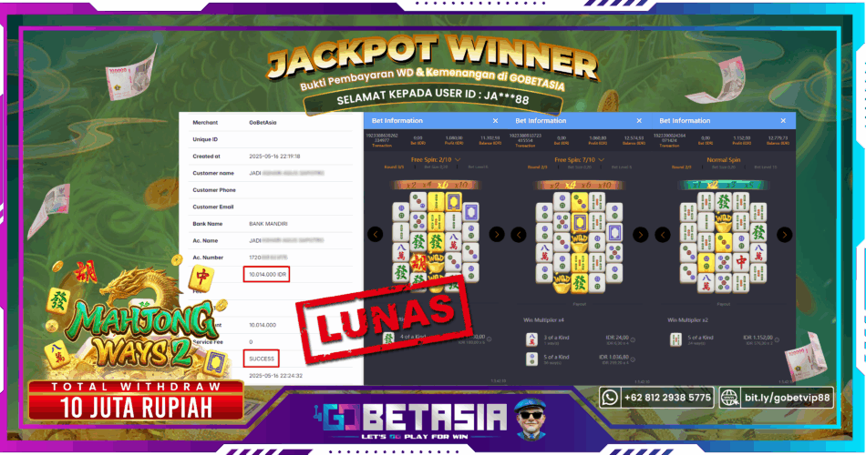 Bukti pembayaran Jackpot di GOBETASIA