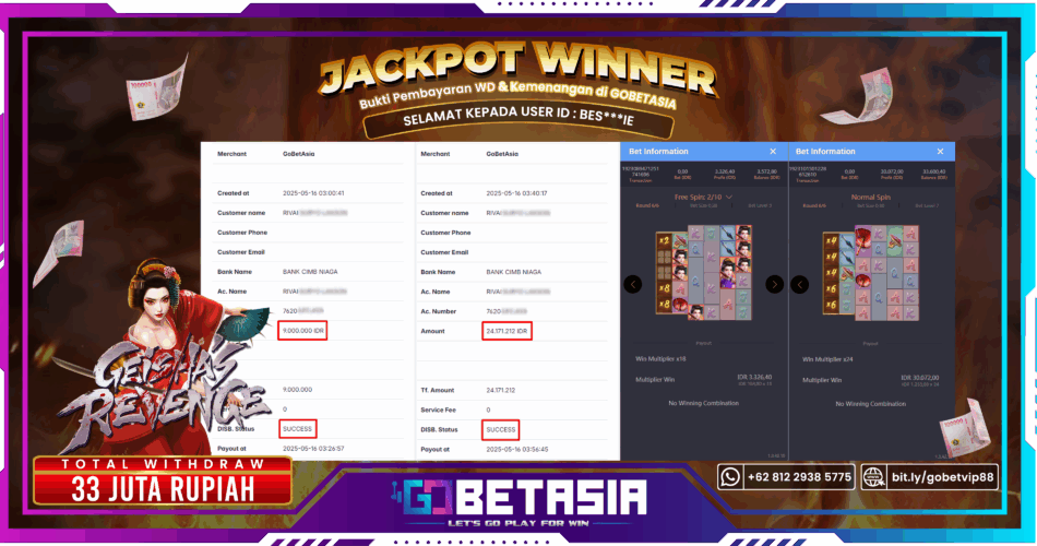 Bukti pembayaran Jackpot di GOBETASIA