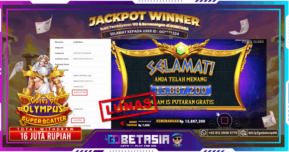 Bukti pembayaran Jackpot di GOBETASIA