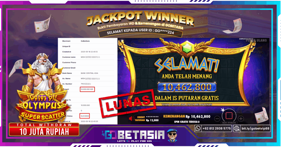 Bukti pembayaran Jackpot di GOBETASIA