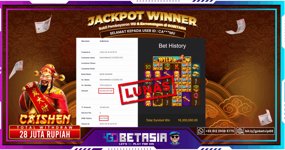 Bukti pembayaran Jackpot di GOBETASIA
