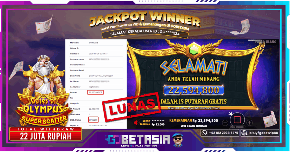 Bukti pembayaran Jackpot di GOBETASIA