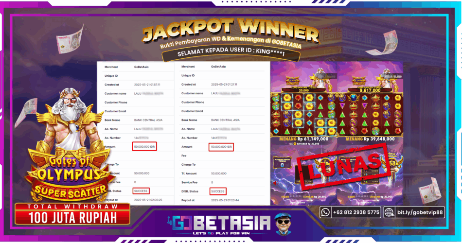 Bukti pembayaran Jackpot di GOBETASIA