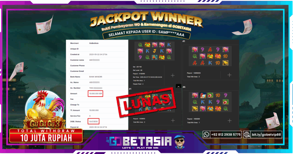Bukti pembayaran Jackpot di GOBETASIA