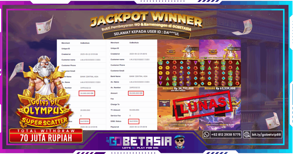 Bukti pembayaran Jackpot di GOBETASIA