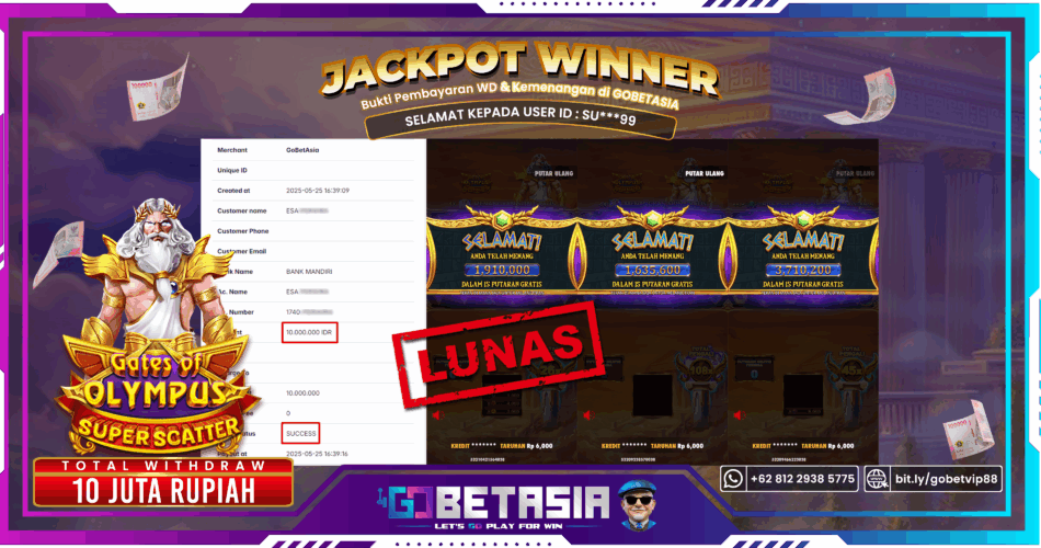 Bukti pembayaran Jackpot di GOBETASIA