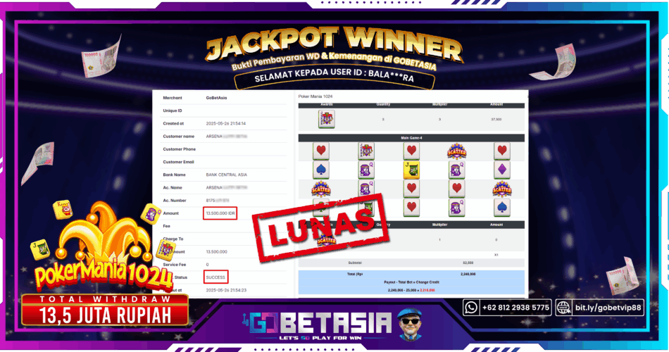 Bukti pembayaran Jackpot di GOBETASIA