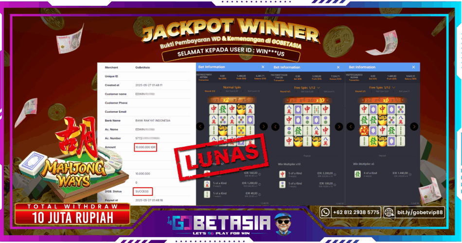 Bukti pembayaran Jackpot di GOBETASIA