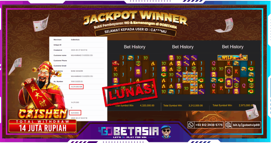 Bukti pembayaran Jackpot di GOBETASIA
