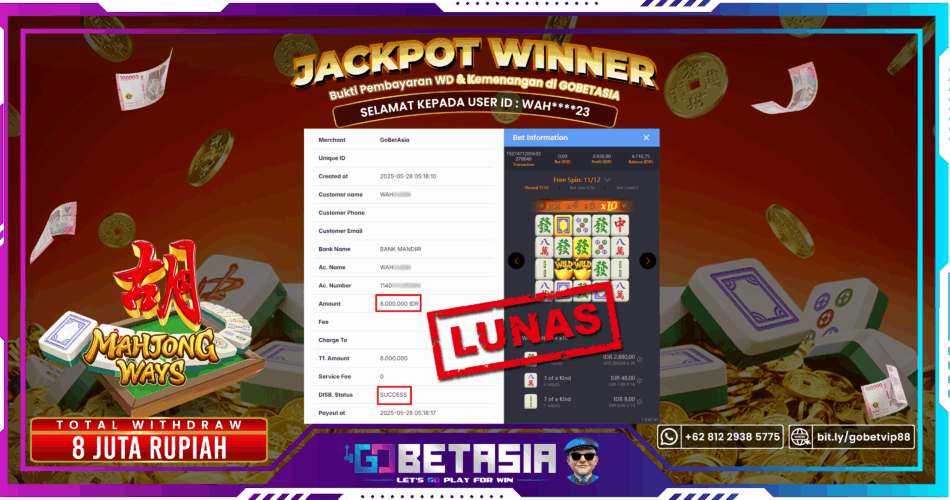 Bukti pembayaran Jackpot di GOBETASIA