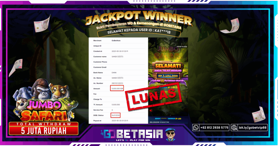 Bukti pembayaran Jackpot di GOBETASIA