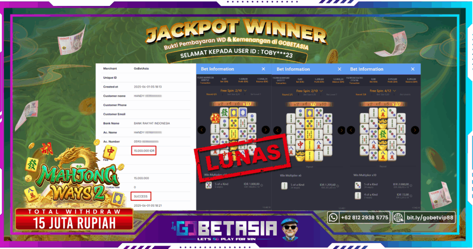 Bukti pembayaran Jackpot di GOBETASIA