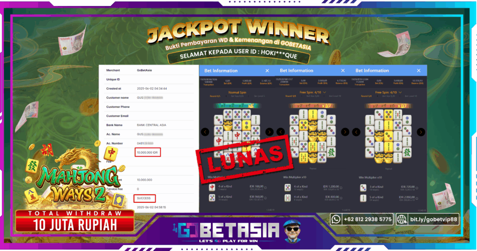 Bukti pembayaran Jackpot di GOBETASIA