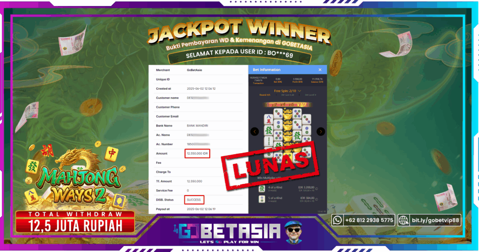 Bukti pembayaran Jackpot di GOBETASIA