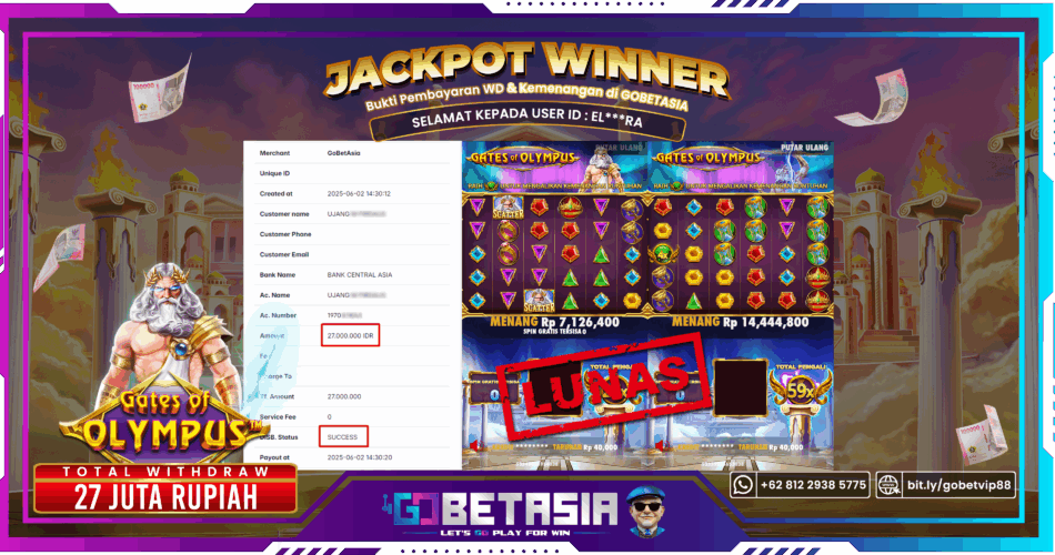 Bukti pembayaran Jackpot di GOBETASIA