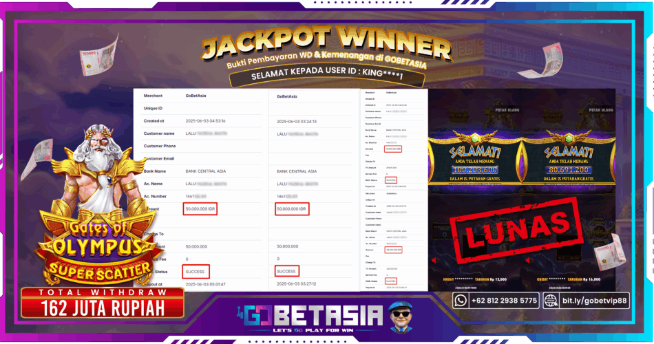 Bukti pembayaran Jackpot di GOBETASIA