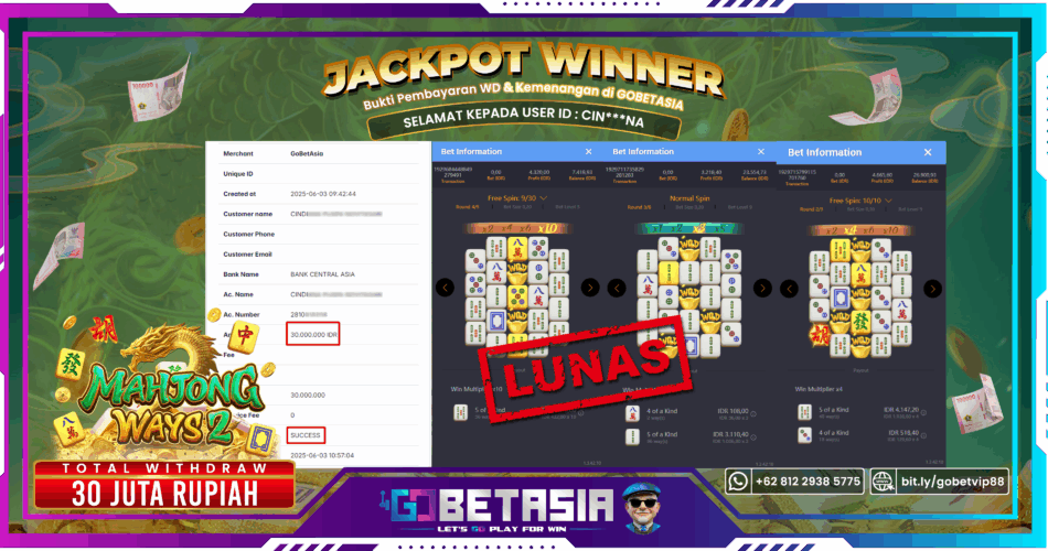 Bukti pembayaran Jackpot di GOBETASIA