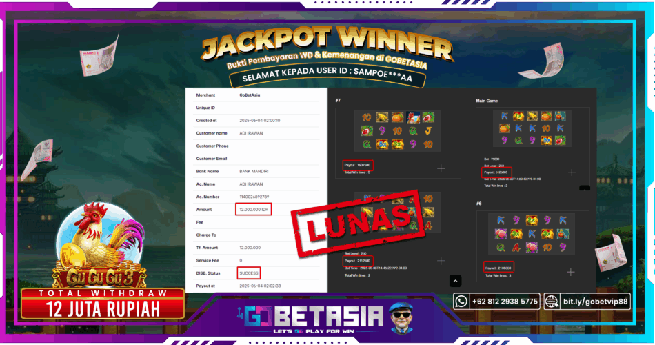 Bukti pembayaran Jackpot di GOBETASIA