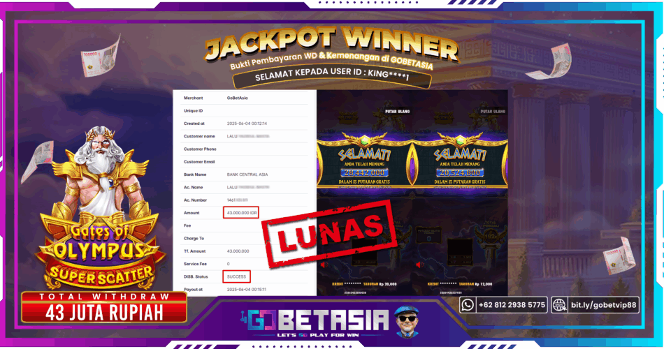 Bukti pembayaran Jackpot di GOBETASIA