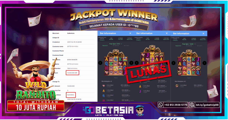 Bukti pembayaran Jackpot di GOBETASIA