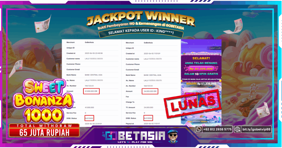 Bukti pembayaran Jackpot di GOBETASIA
