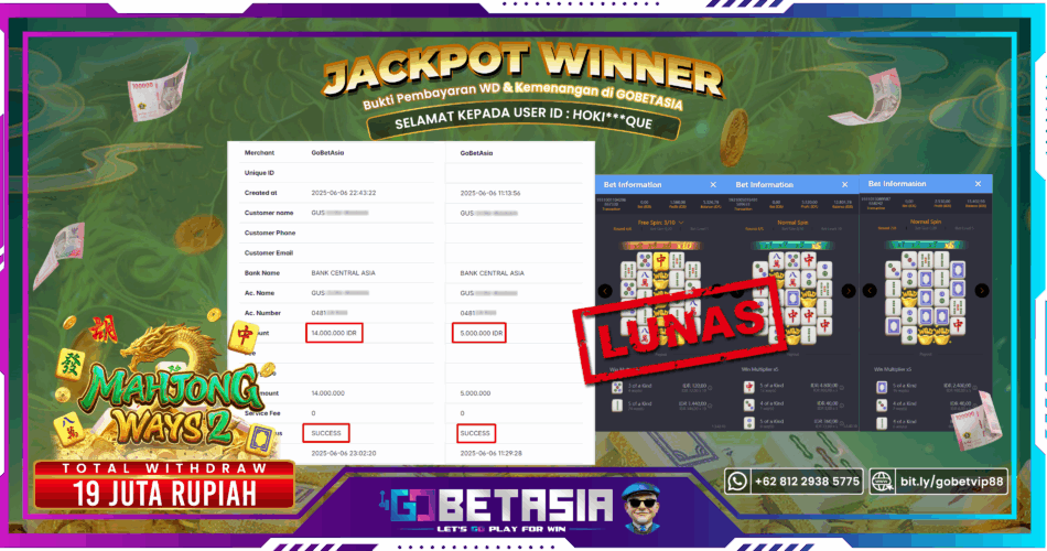 Bukti pembayaran Jackpot di GOBETASIA