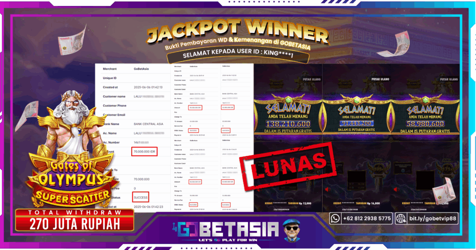 Bukti pembayaran Jackpot di GOBETASIA