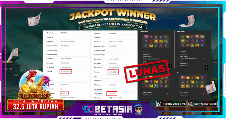 Bukti pembayaran Jackpot di GOBETASIA