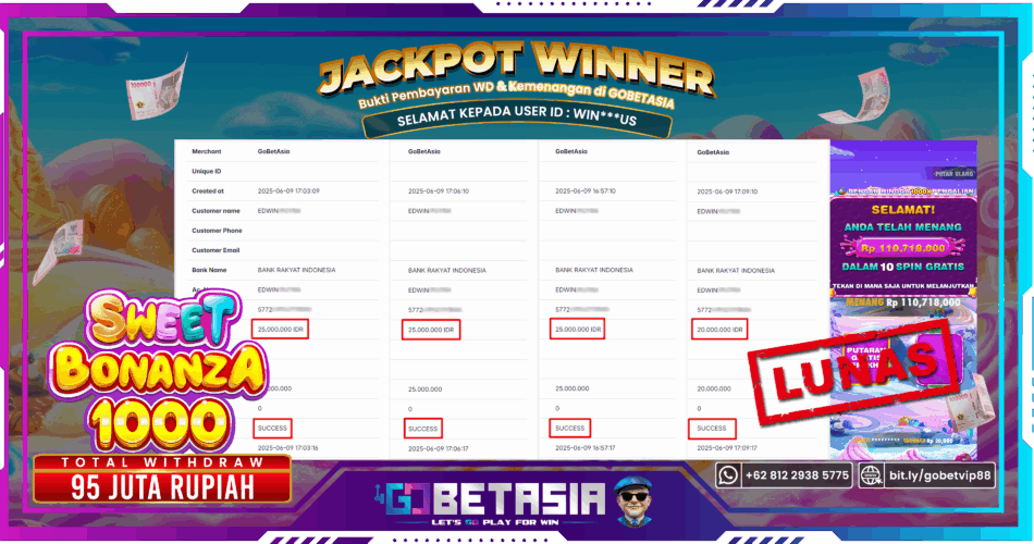 Bukti pembayaran Jackpot di GOBETASIA