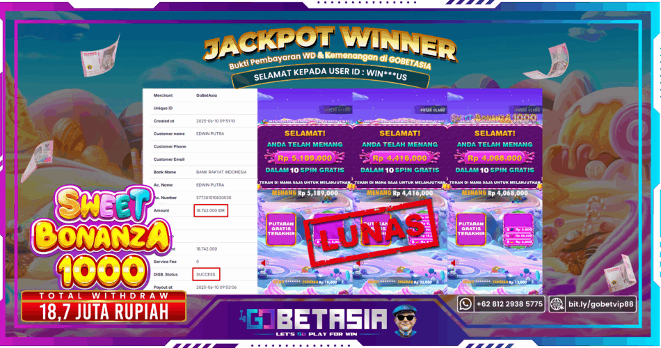 Bukti pembayaran Jackpot di GOBETASIA
