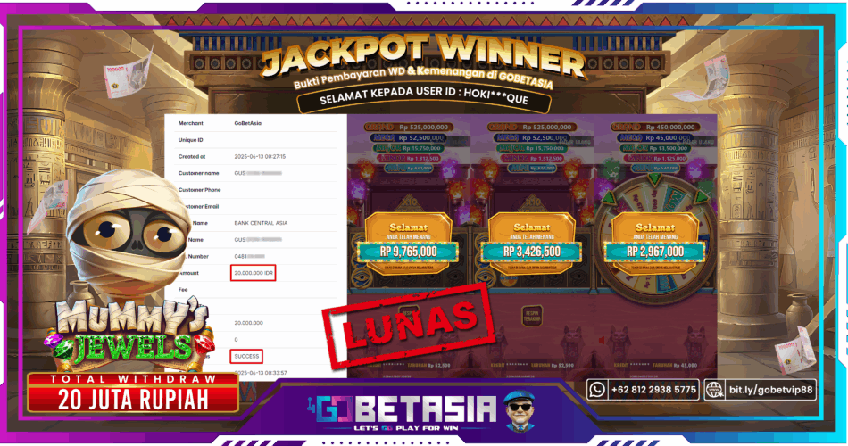 Bukti pembayaran Jackpot di GOBETASIA