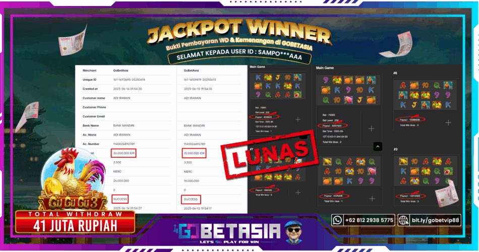 Bukti pembayaran Jackpot di GOBETASIA