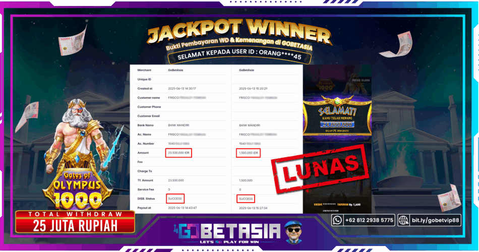 Bukti pembayaran Jackpot di GOBETASIA