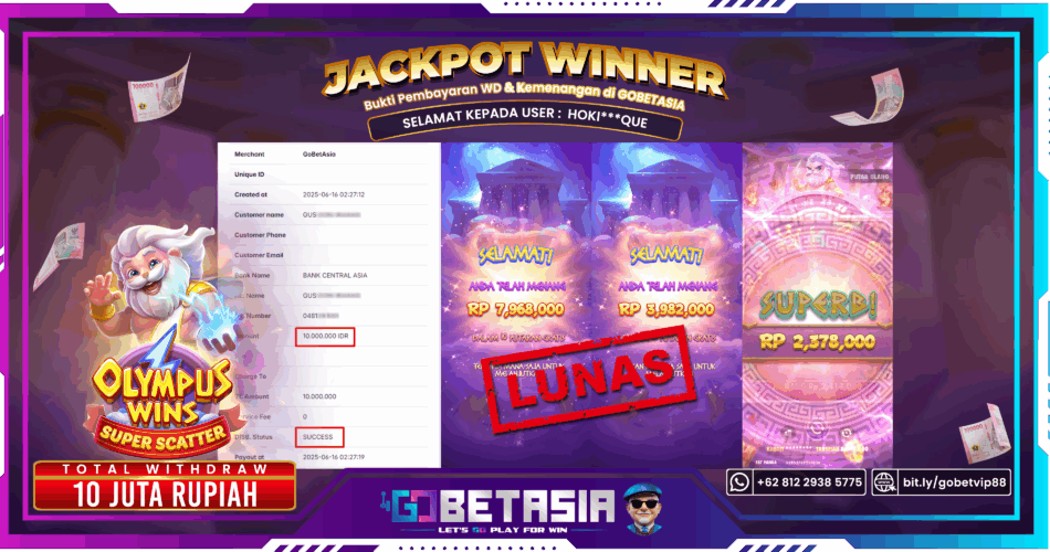 Bukti pembayaran Jackpot di GOBETASIA