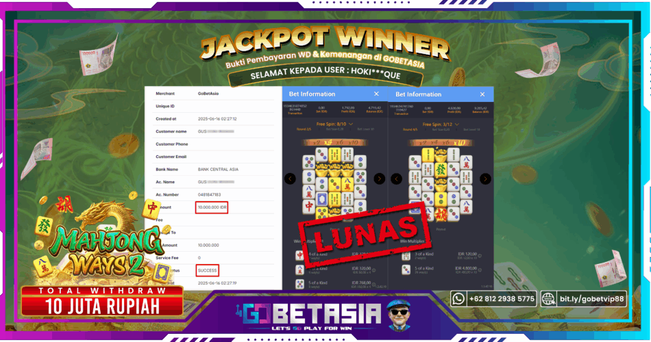 Bukti pembayaran Jackpot di GOBETASIA