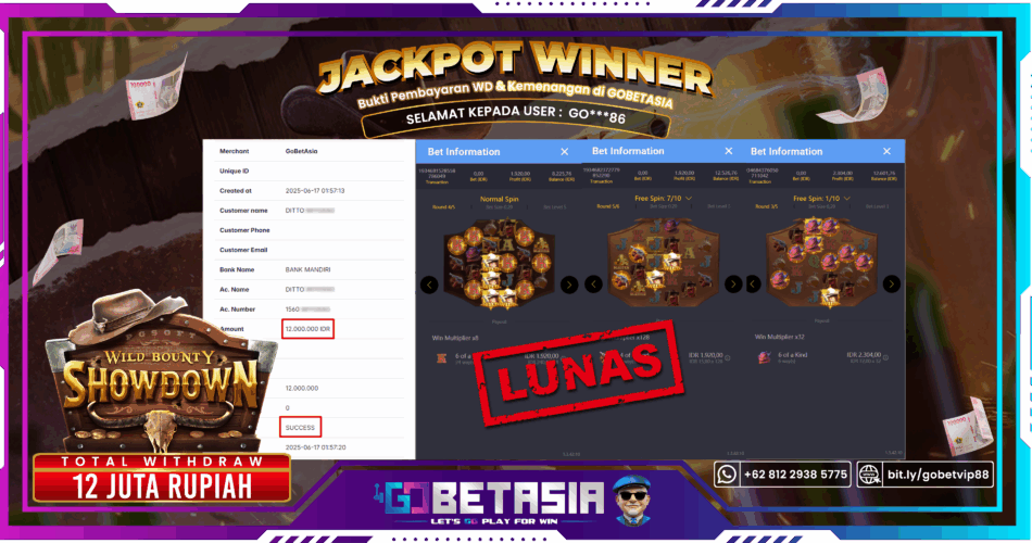 Bukti pembayaran Jackpot di GOBETASIA