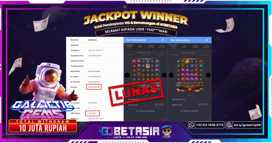 Bukti pembayaran Jackpot di GOBETASIA
