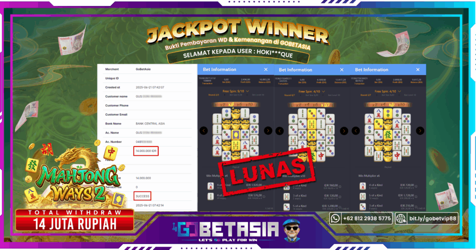 Bukti pembayaran Jackpot di GOBETASIA